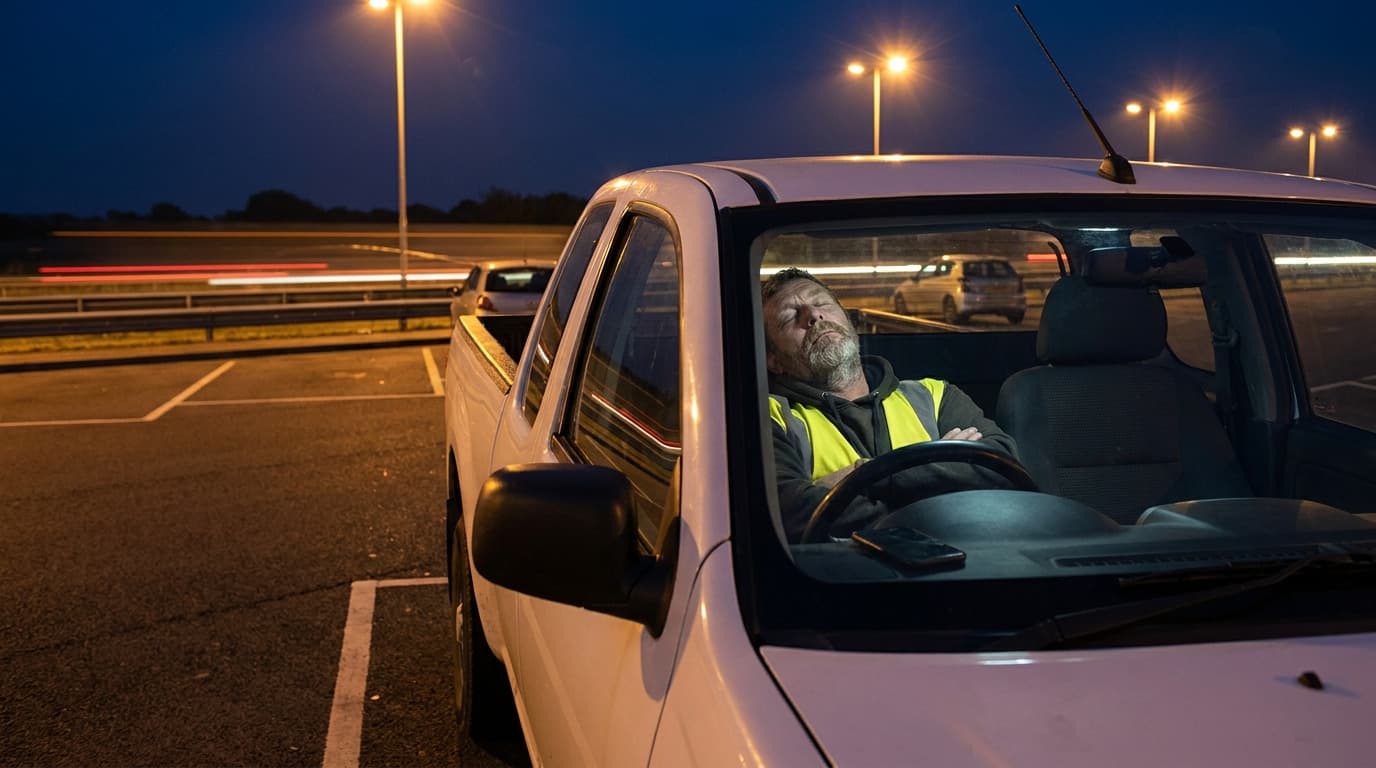 Man in a hi-vis vest sits asleep behind the steering wheel of a parked white pickup truck in a lot at dusk, streetlights glowing behind.