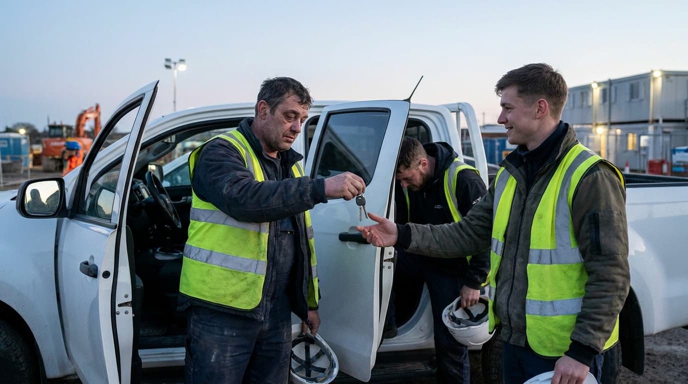 Three construction workers in hi-vis vests stand by an open pickup truck door, one handing keys to another, holding hard hats at a job site.
