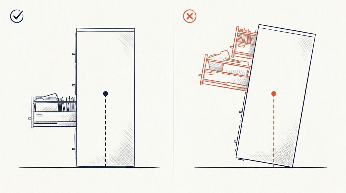Ilustración que compara un archivador estable en posición vertical con un cajón abierto junto a otro archivador que se inclina hacia adelante con varios cajones abiertos extendidos.