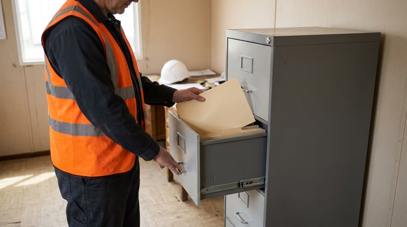 Trabajador con chaleco de alta visibilidad naranja y casco saca una carpeta de un cajón abierto de un archivador metálico alto en un espacio interior.