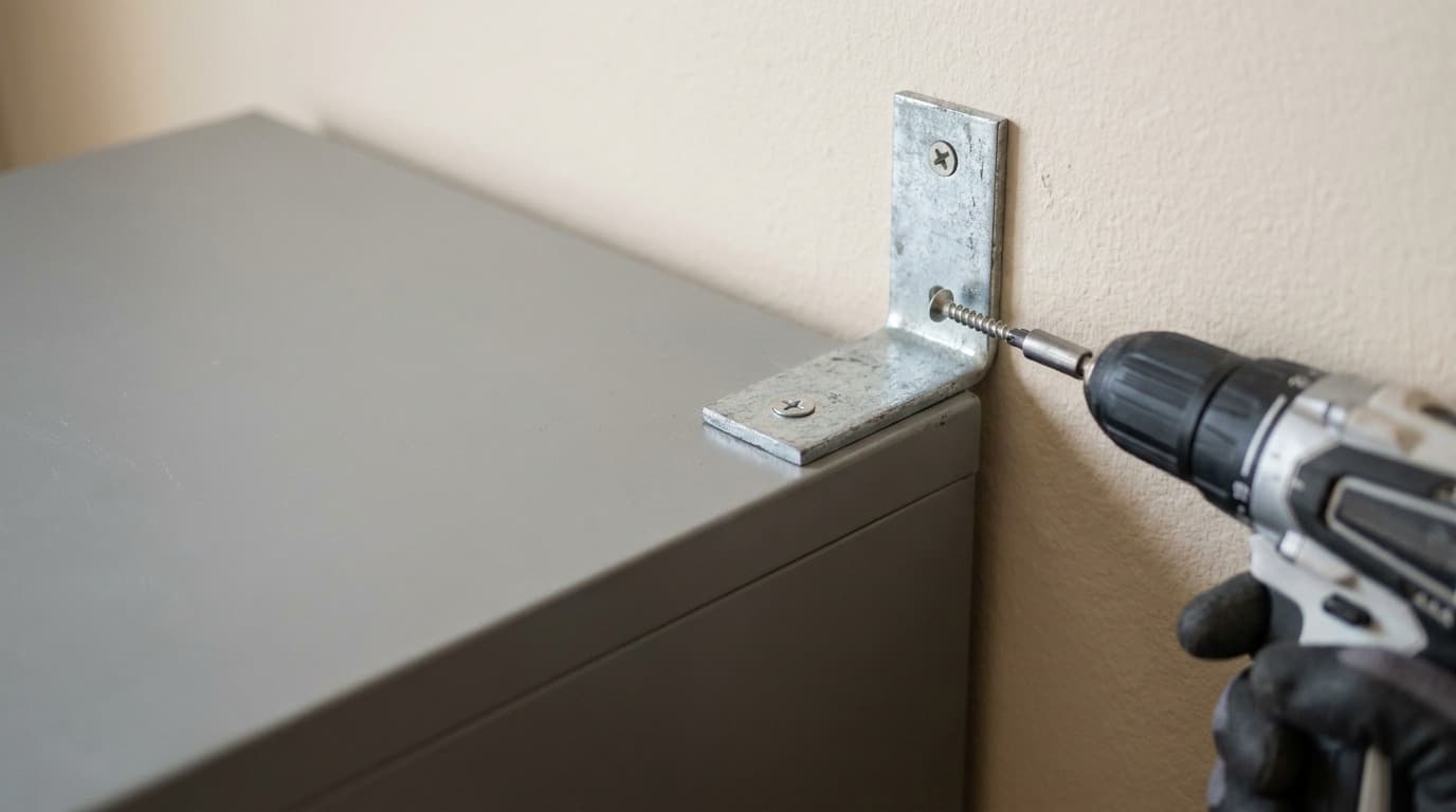 Primer plano de una escuadra metálica en L montada sobre un archivador gris, fijada a la pared con un tornillo usando un taladro eléctrico.