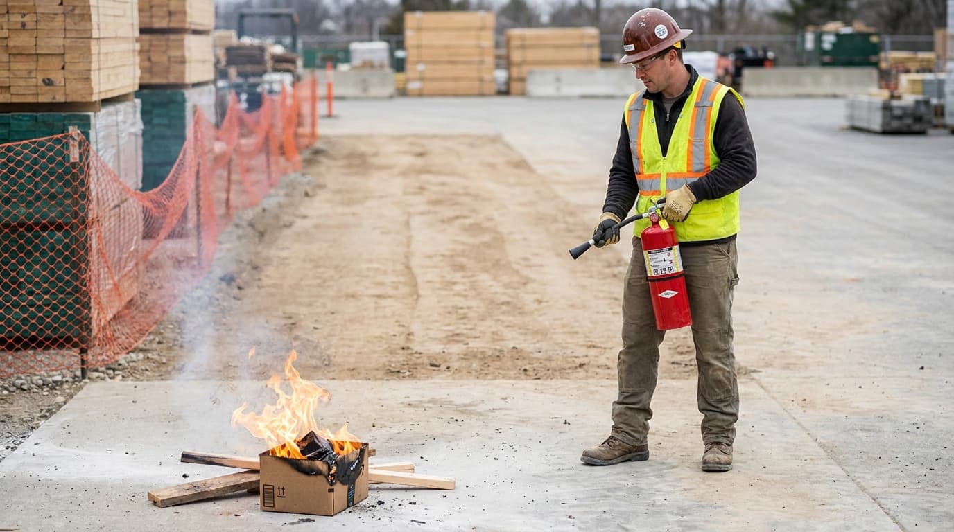 Un trabajador con casco y chaleco de alta visibilidad sostiene un extintor rojo, apuntando hacia una caja de cartón y madera ardiendo sobre el pavimento de concreto.