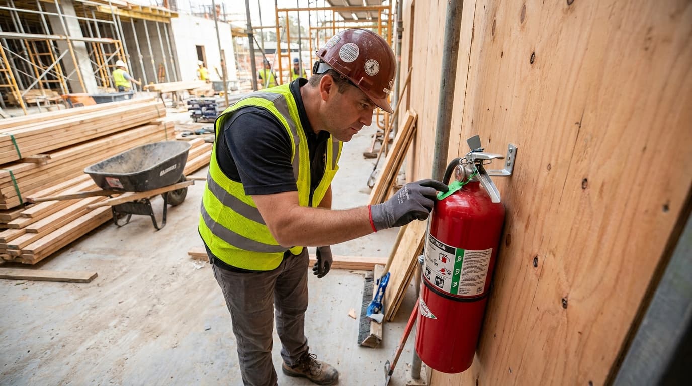 Un trabajador con casco y chaleco de alta visibilidad retira el pasador de un extintor rojo montado en una pared de madera contrachapada en una obra de construcción.