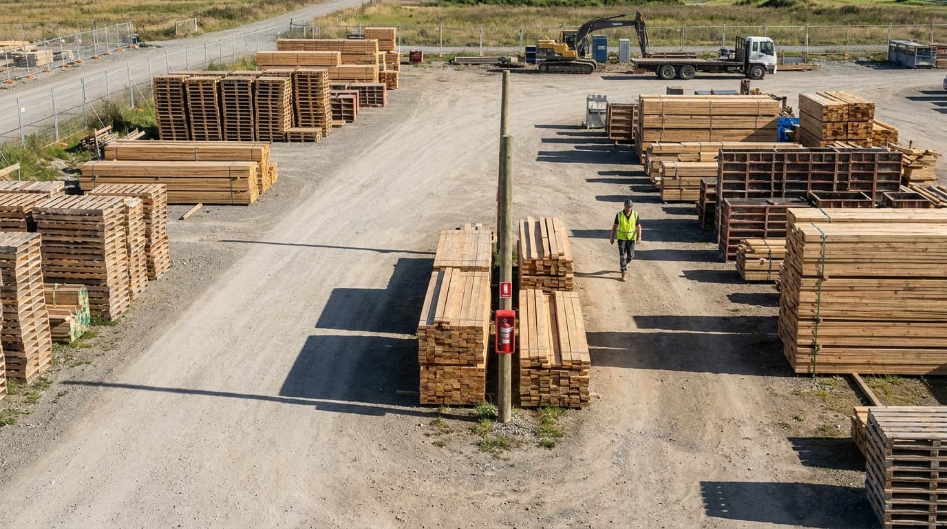 Aerial view of a timber storage yard with stacked lumber, a worker in high-vis vest walking near a fire extinguisher mounted on a pole, excavator and truck in background.