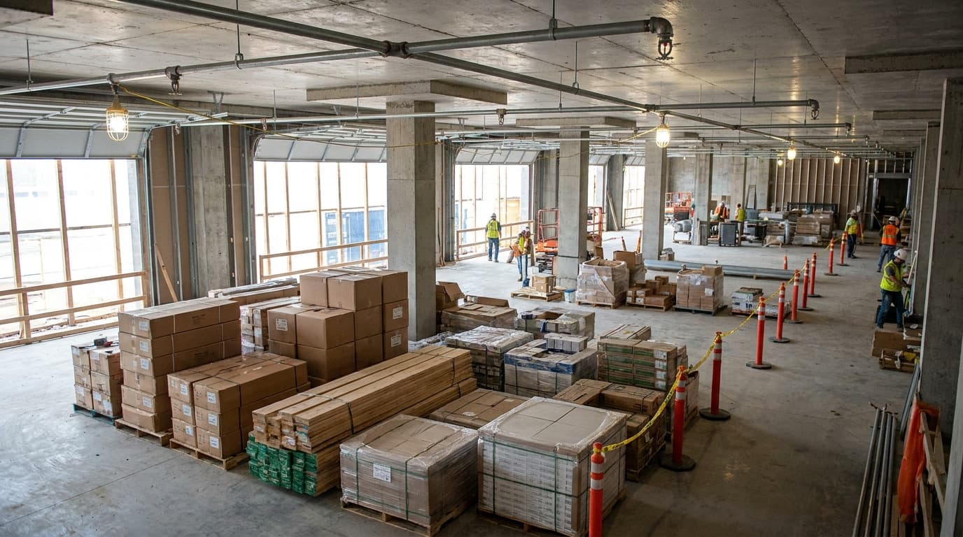 Open concrete building floor under construction with stacked cardboard boxes, wrapped pallets, orange traffic cones, caution tape, and workers in high-vis vests in background.