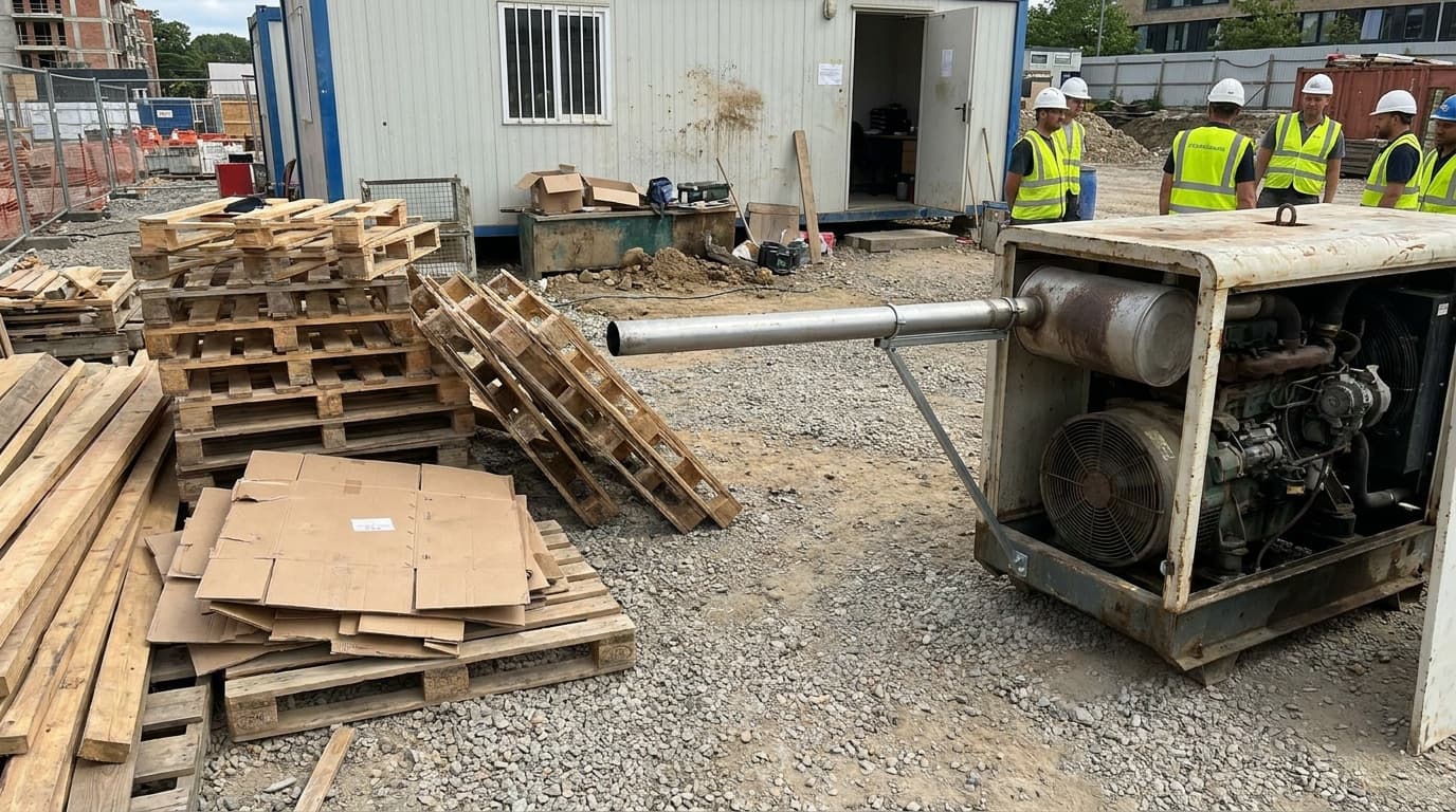 Construction site yard with wooden pallets, cardboard, a large diesel generator, and workers in white helmets and high-vis vests standing near a site office trailer.
