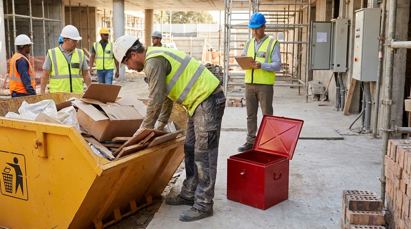 Construction site interior with workers in helmets and high-vis vests near a yellow waste skip full of cardboard and an open red metal toolbox on the concrete floor.
