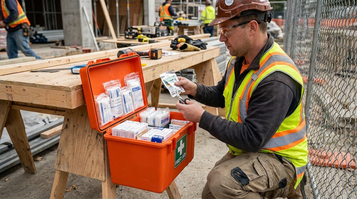 Kneeling worker in hard hat, safety glasses and yellow vest opens an orange first aid kit on a wooden sawhorse table, holding a wrapped bandage.
