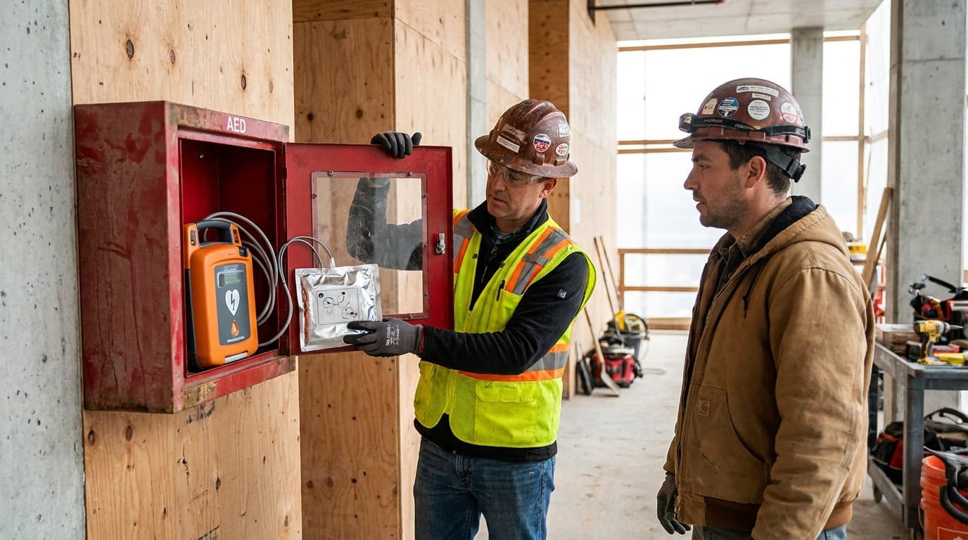 Two workers in hard hats and safety vests examine an open red wall-mounted AED cabinet with defibrillator and pads inside a concrete building under construction.