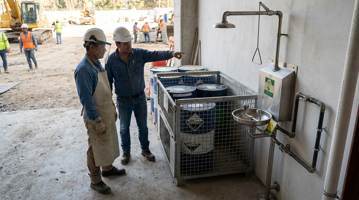 Two workers in hard hats, one wearing a face shield and apron, stand near a caged storage of chemical drums beside an eyewash station and safety shower on a construction site.