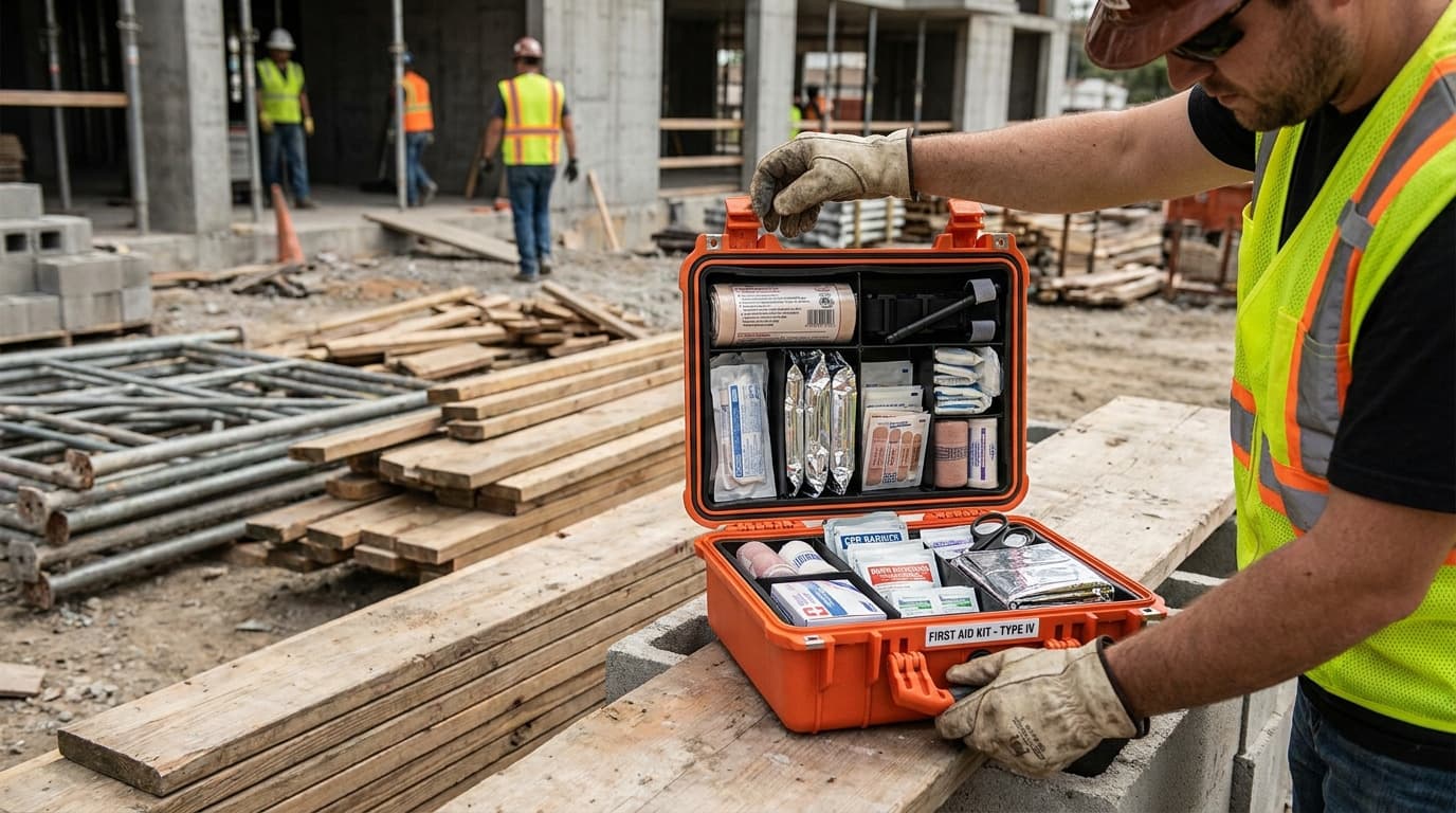 Worker in yellow vest and gloves inspects an open orange first aid kit on a wood beam, with colleagues and building visible behind.