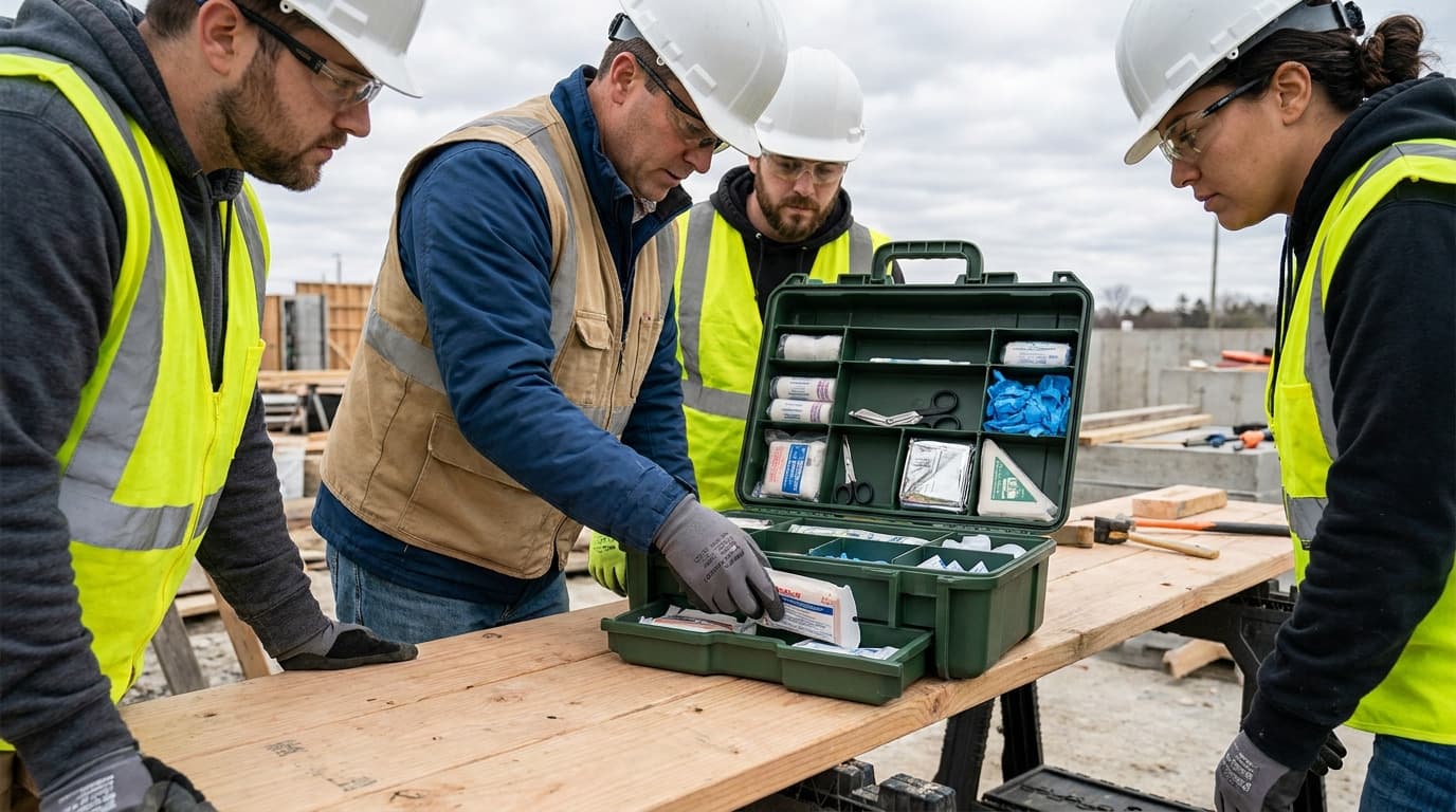 Four hardhat-wearing workers in safety vests gather around a table examining an open green first aid kit with bandages and supplies.