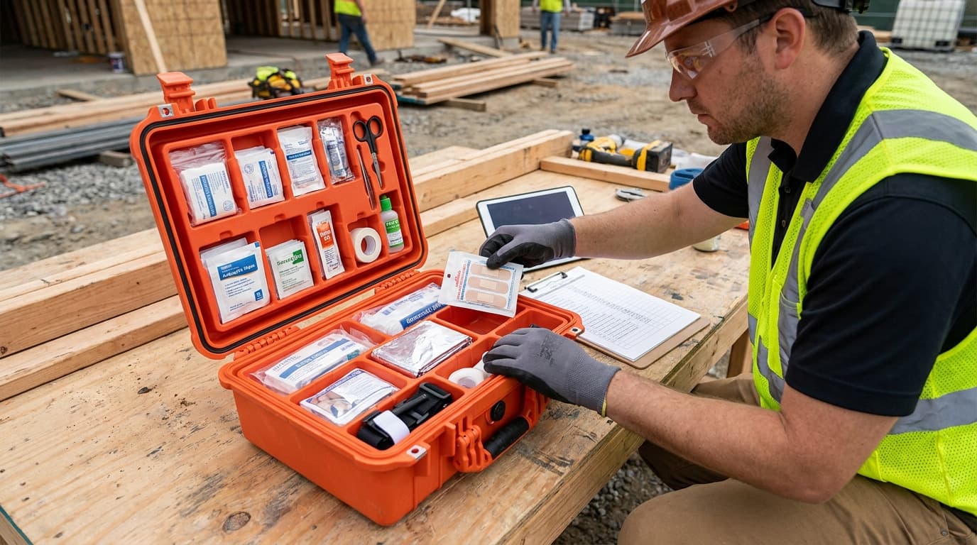 Seated worker in vest and safety glasses removes a bandage packet from an open orange first aid kit beside a clipboard checklist.