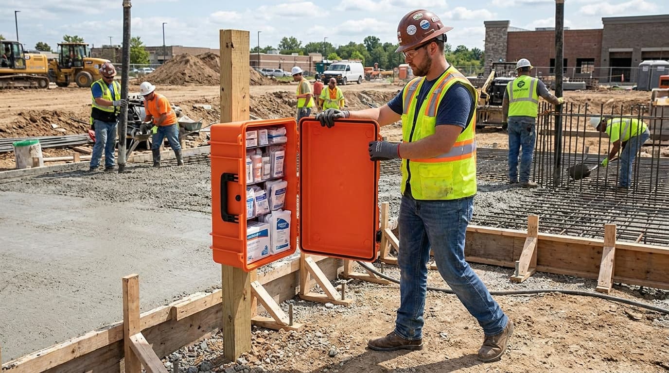 Worker in hardhat and vest opens an orange wall-mounted first aid cabinet on a post at an active construction site with equipment.