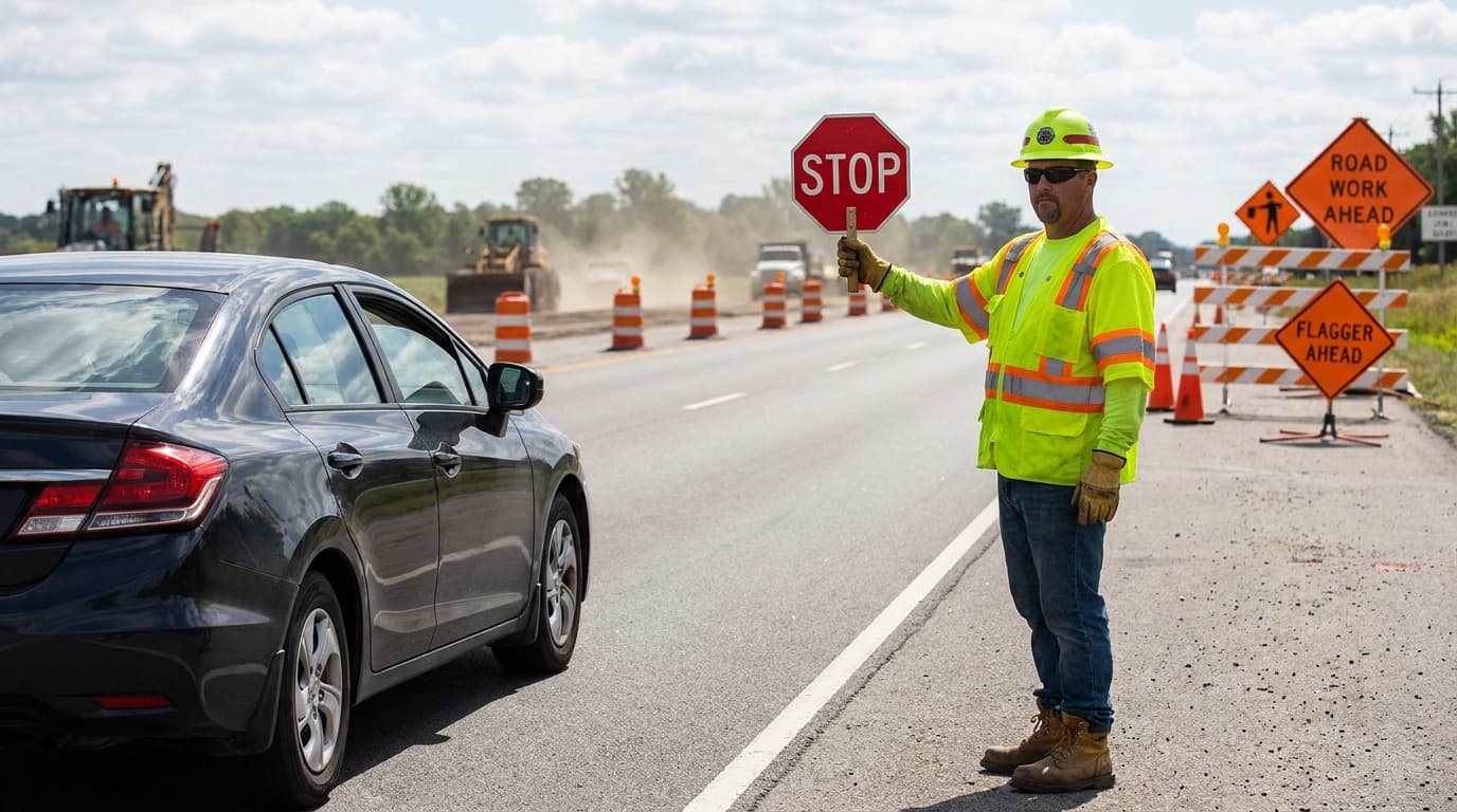 A flagger in a yellow safety vest, hard hat, and sunglasses holds a stop sign toward a stopped car at a road construction zone with cones and signs.