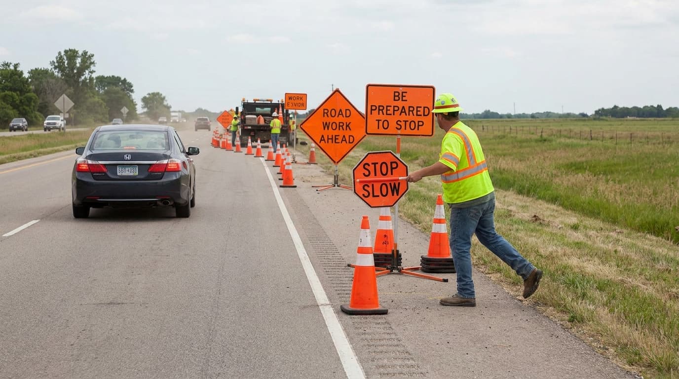 A worker in a yellow safety vest turns a stop/slow paddle sign near cones and road work signs as a car approaches on a two-lane highway.