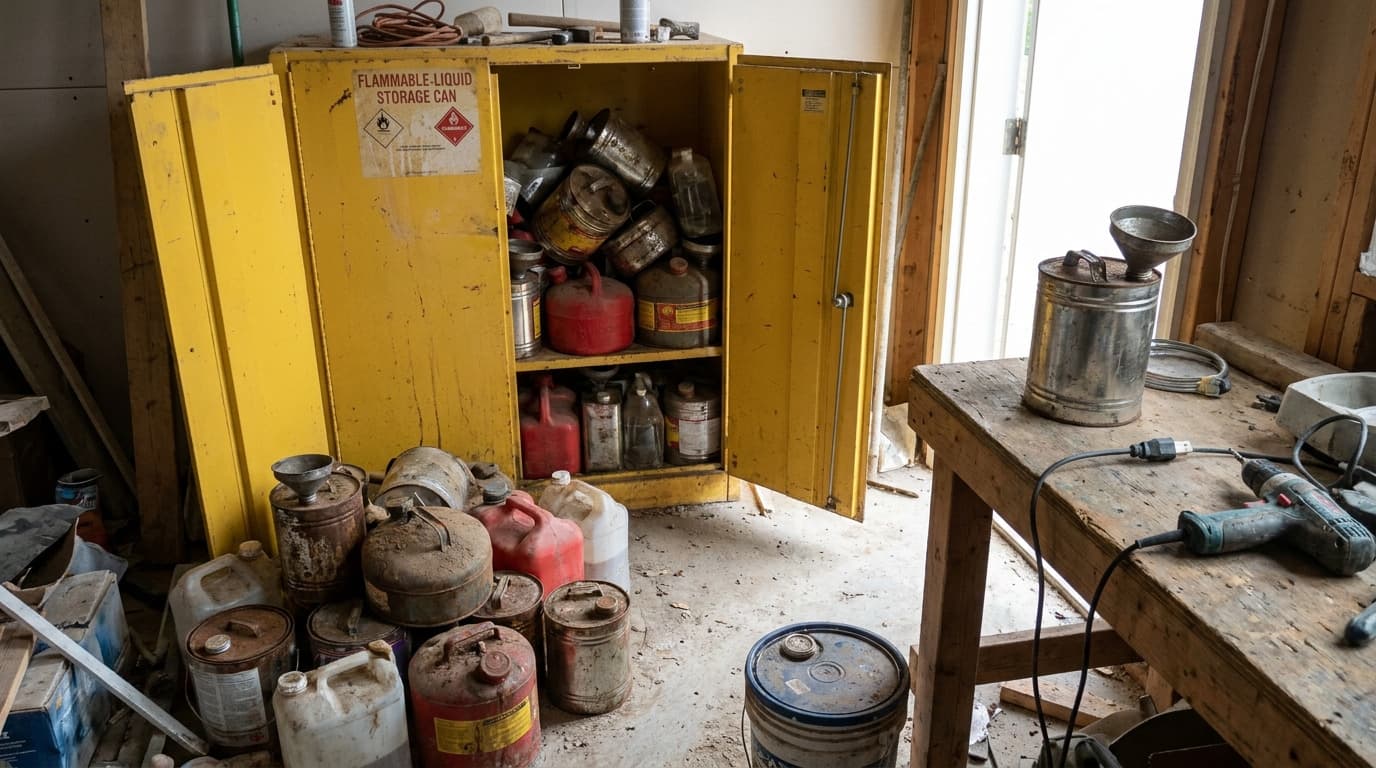 Gabinete amarillo abierto de almacenamiento de líquidos inflamables lleno de latas metálicas y plásticas, rodeado de más latas, baldes y desorden en el piso de un taller.