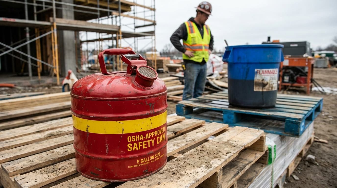 Lata de seguridad metálica roja aprobada por OSHA para líquido inflamable sobre tarimas de madera en una obra de construcción, con un trabajador y un contenedor azul etiquetado como inflamable al fondo.
