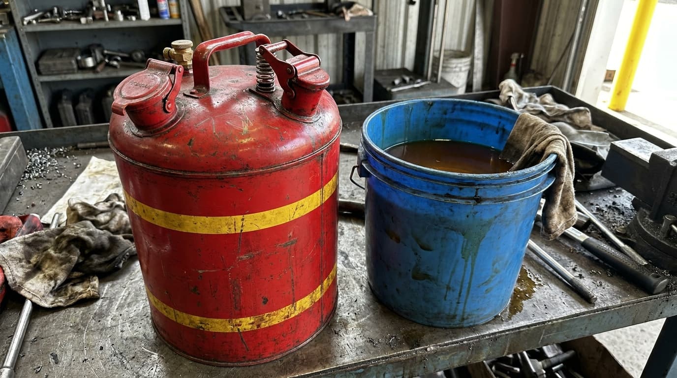 Kırmızı, sarı çizgili güvenlik bidonu tezgahın üzerinde, koyu renkli sıvı dolu mavi bir kova ve bir bezin yanında, aletlerle çevrili duruyor.