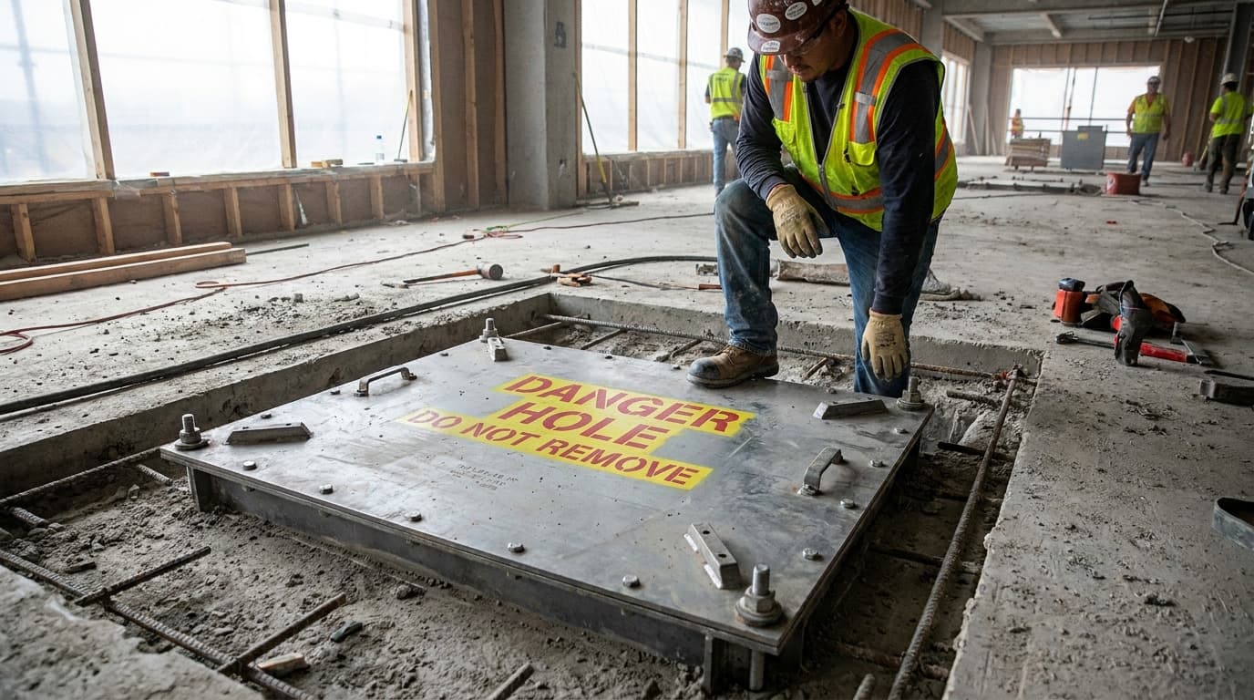 Worker in hard hat and safety vest kneels over a metal floor cover plate labeled 'Danger Hole Do Not Remove' on a concrete floor with exposed rebar.