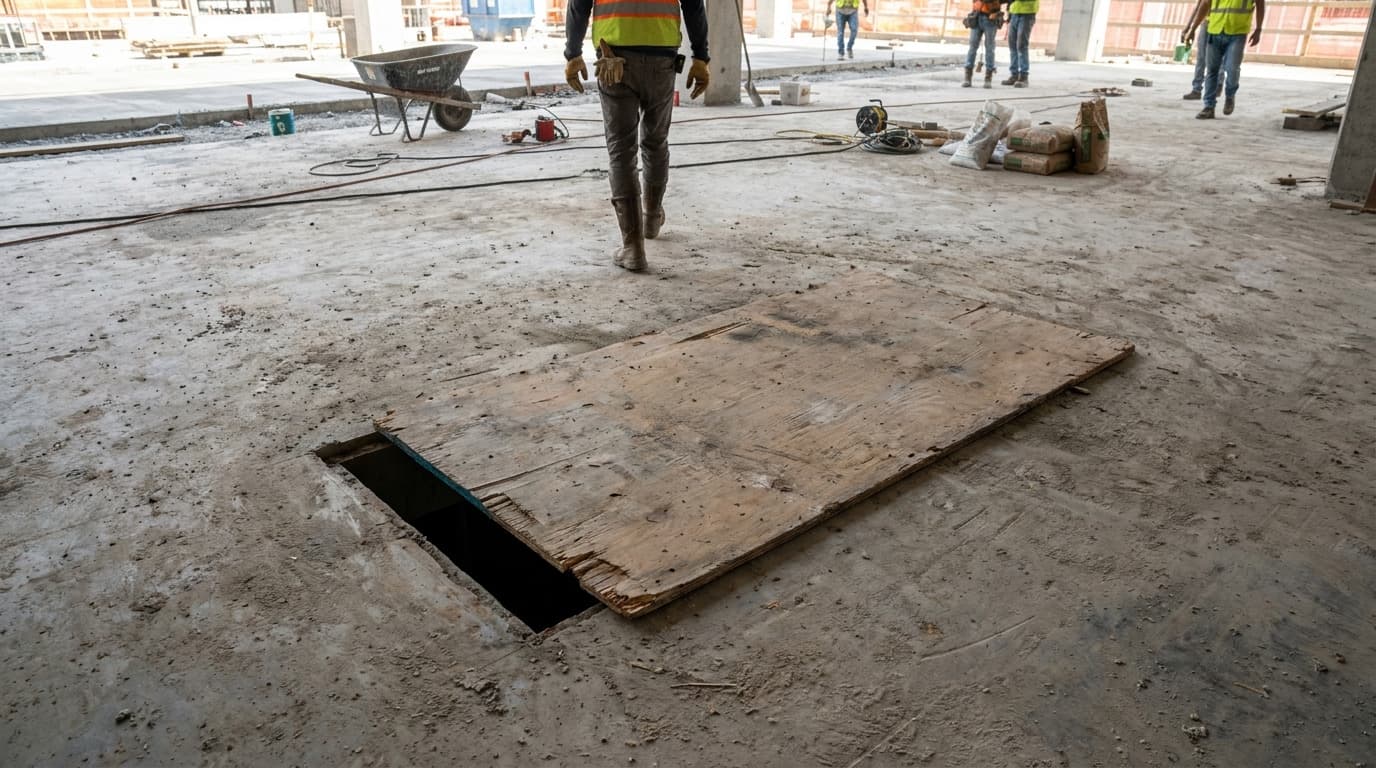 Worker in boots walks near a plywood sheet partially covering a rectangular floor opening on an unfinished concrete construction floor.