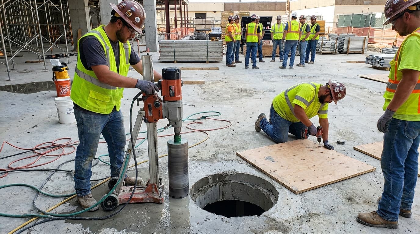 Workers in vests and hard hats operate a core drilling machine and kneel by plywood near a large circular hole cut into a concrete floor.