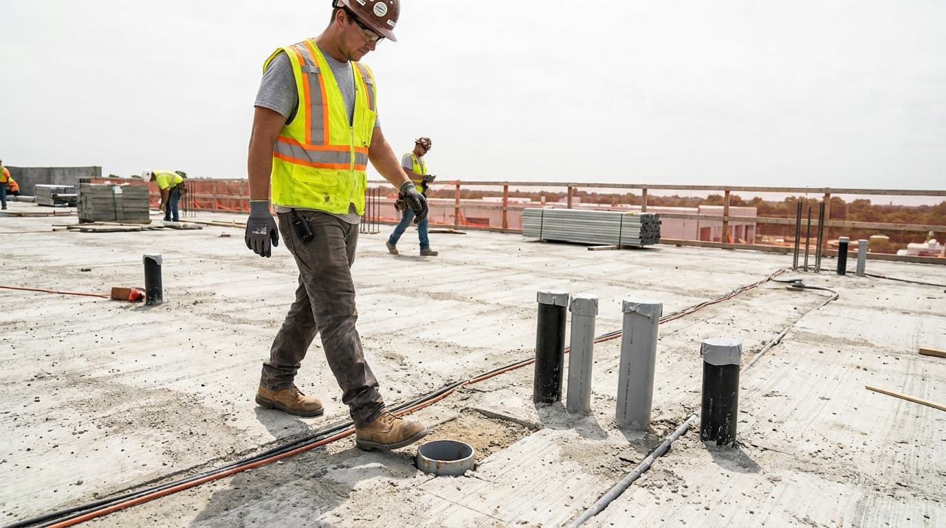 Worker in safety vest walks across a rooftop concrete deck past small pipe stubs and a round opening with other workers in background.