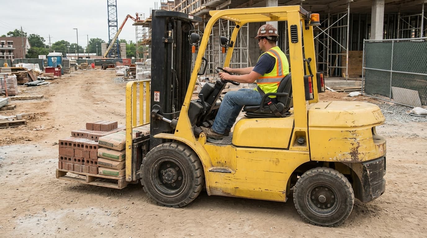 Baret ve fosforlu yelek giyen bir adam, palet üzerinde tuğla ve torbalanmış malzeme taşıyan sarı forklifti toprak zeminli bir inşaat sahasında sürüyor.