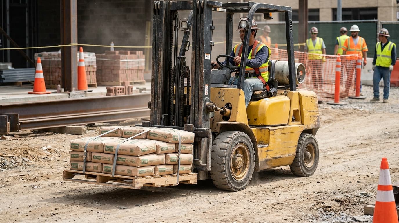 Bir forklift operatörü, turuncu trafik konilerinin yanından torbalanmış malzeme paleti taşırken, fosforlu yelek ve baret giyen birkaç işçi yakında durmaktadır.