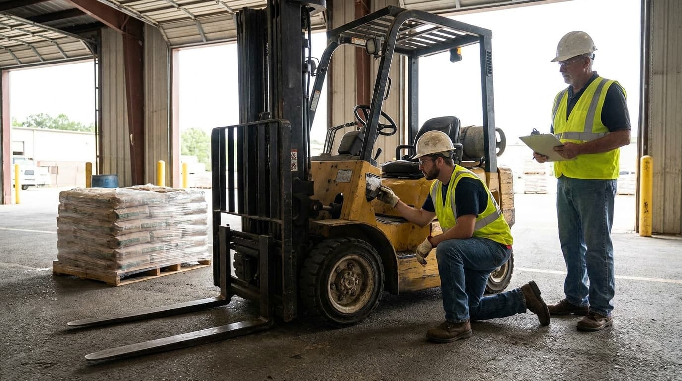 Diz çökmüş bir işçi sarı bir forklifti incelerken, elinde pano tutan bir amir açık bir depo bölmesinde yakında duran torbalanmış mal paletiyle izliyor.