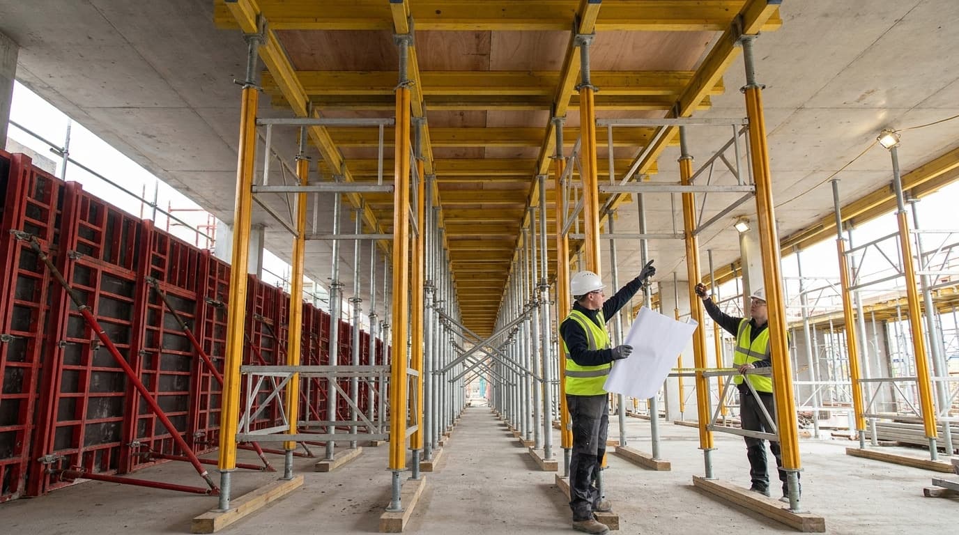 Dos trabajadores con casco y chaleco de alta visibilidad están de pie bajo puntales amarillos de encofrado sostenidos bajo una losa de concreto, uno con planos en mano, conversando.