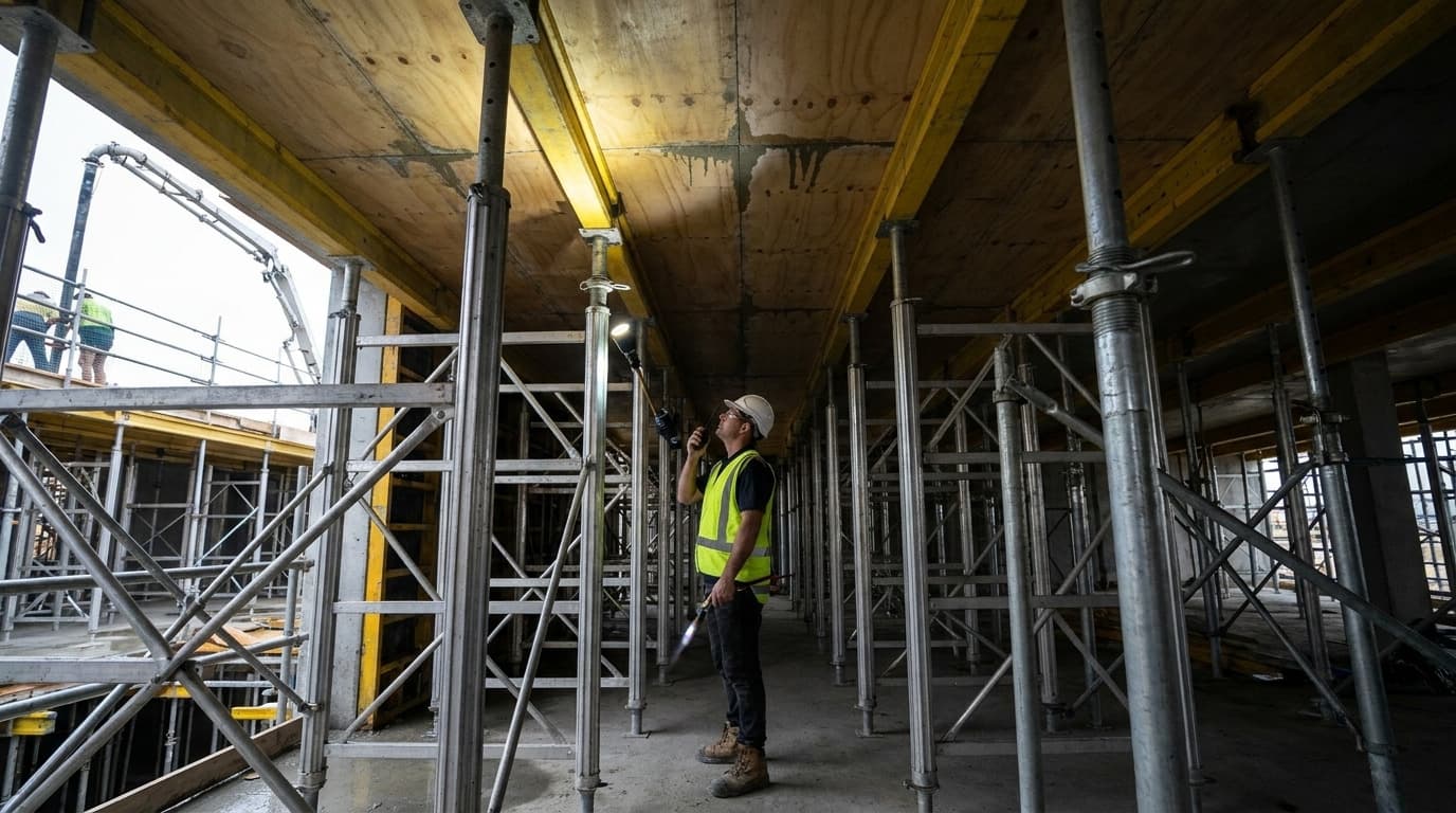 Un trabajador con casco y chaleco inspecciona con una linterna el encofrado de madera contrachapada elevado, rodeado de andamios metálicos en el piso de una obra en construcción.