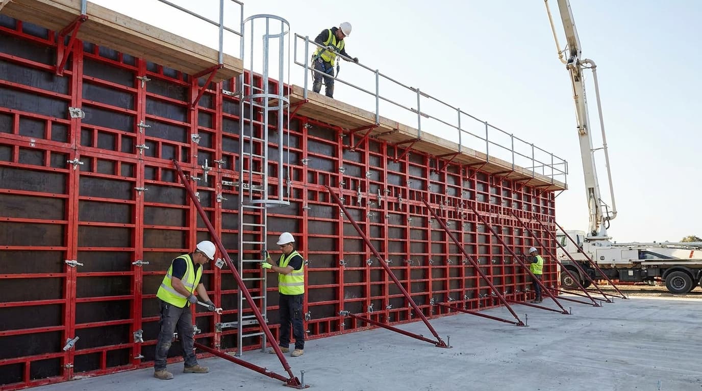 Trabajadores con casco y chaleco arman paneles de encofrado de muro con marco rojo y riostras diagonales, uno parado sobre una plataforma elevada con baranda de seguridad.