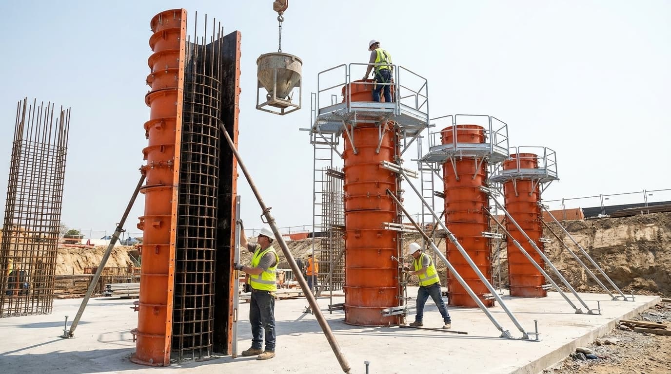 Trabajadores instalan encofrado cilíndrico anaranjado de columna con plataformas de acceso y escaleras, mientras una grúa baja un cucharón de concreto sobre la obra.