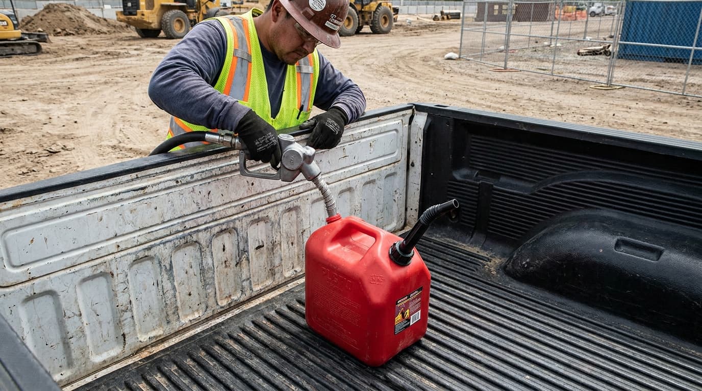 Worker in hard hat and safety vest pumps fuel from a nozzle into a red plastic gas can inside a pickup truck bed, excavator and dirt lot visible behind.