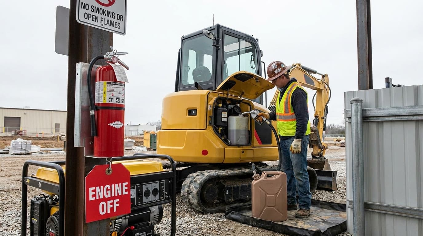 Worker in hard hat and vest refuels a mini excavator engine bay, standing on a spill mat, with a fire extinguisher and no-smoking sign on a post nearby.