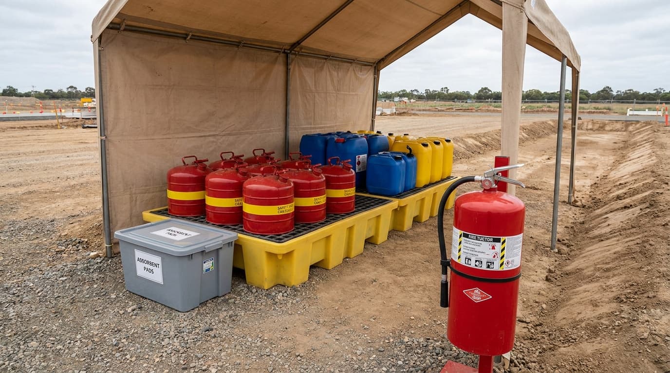 Rows of red, blue, and yellow safety fuel cans stored on yellow spill-containment pallets under a canvas shelter, with a fire extinguisher and absorbent pads bin beside them.