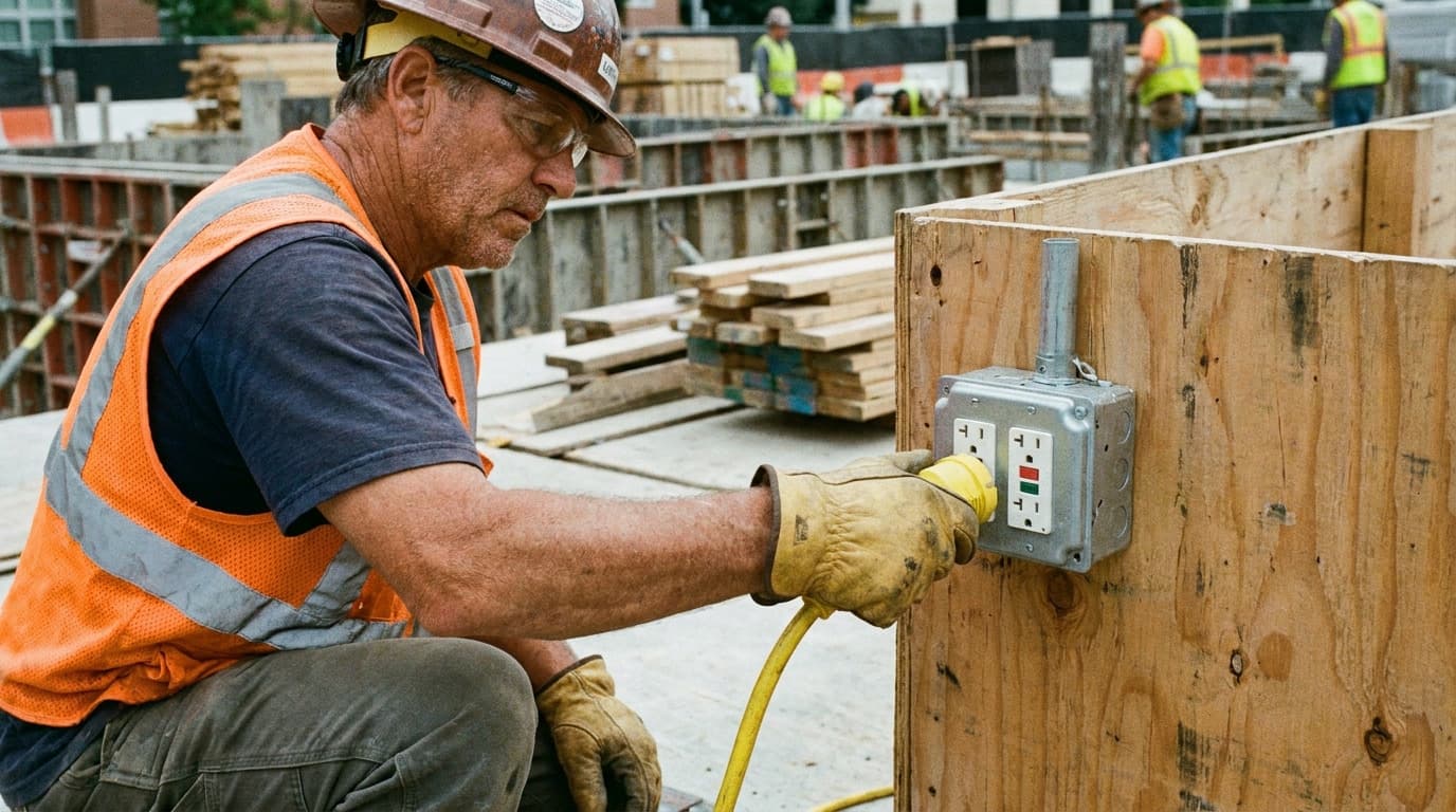 Kneeling worker in hard hat and orange safety vest presses test button on a GFCI outlet mounted on plywood, yellow extension cord attached, other workers visible behind.