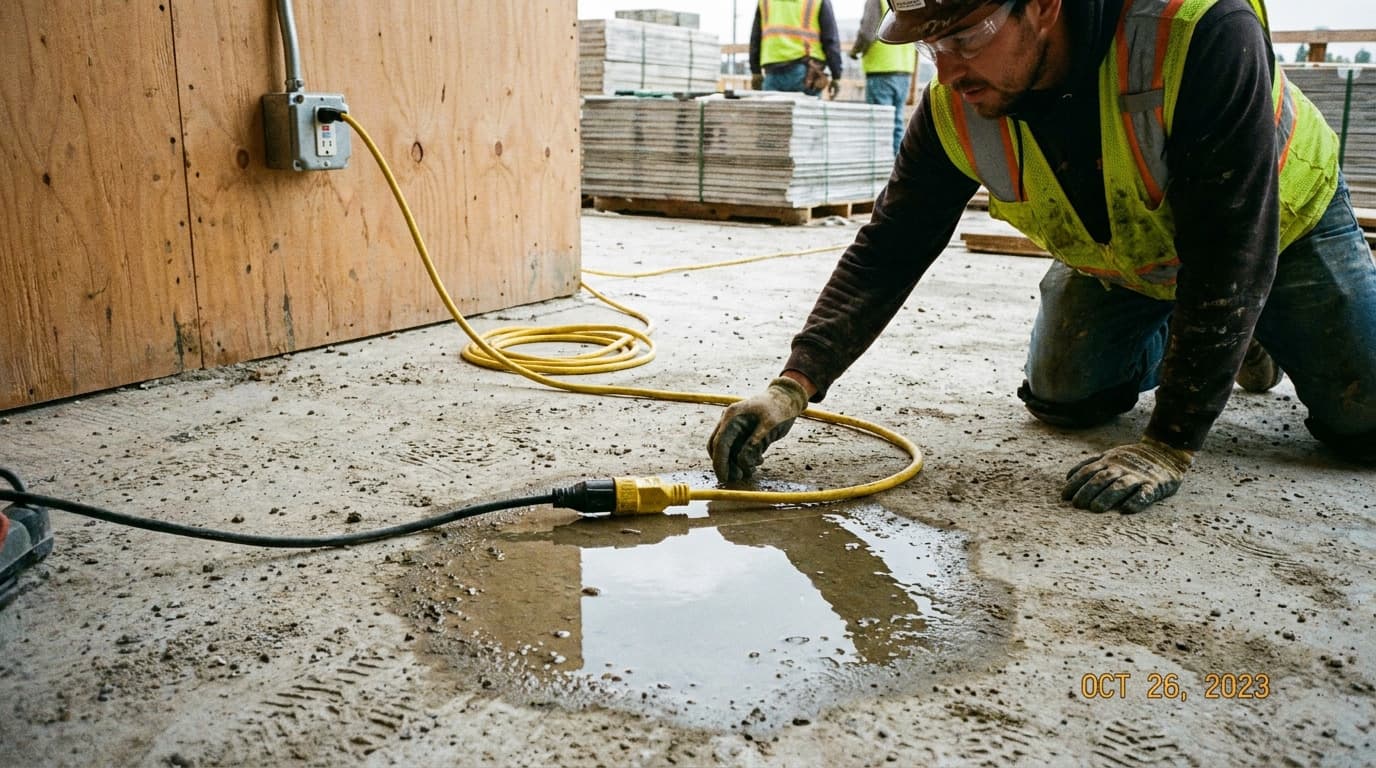 Worker in yellow safety vest kneels on wet concrete floor, coiling a yellow extension cord near a puddle of water and a cord connector plugged near the wall outlet.