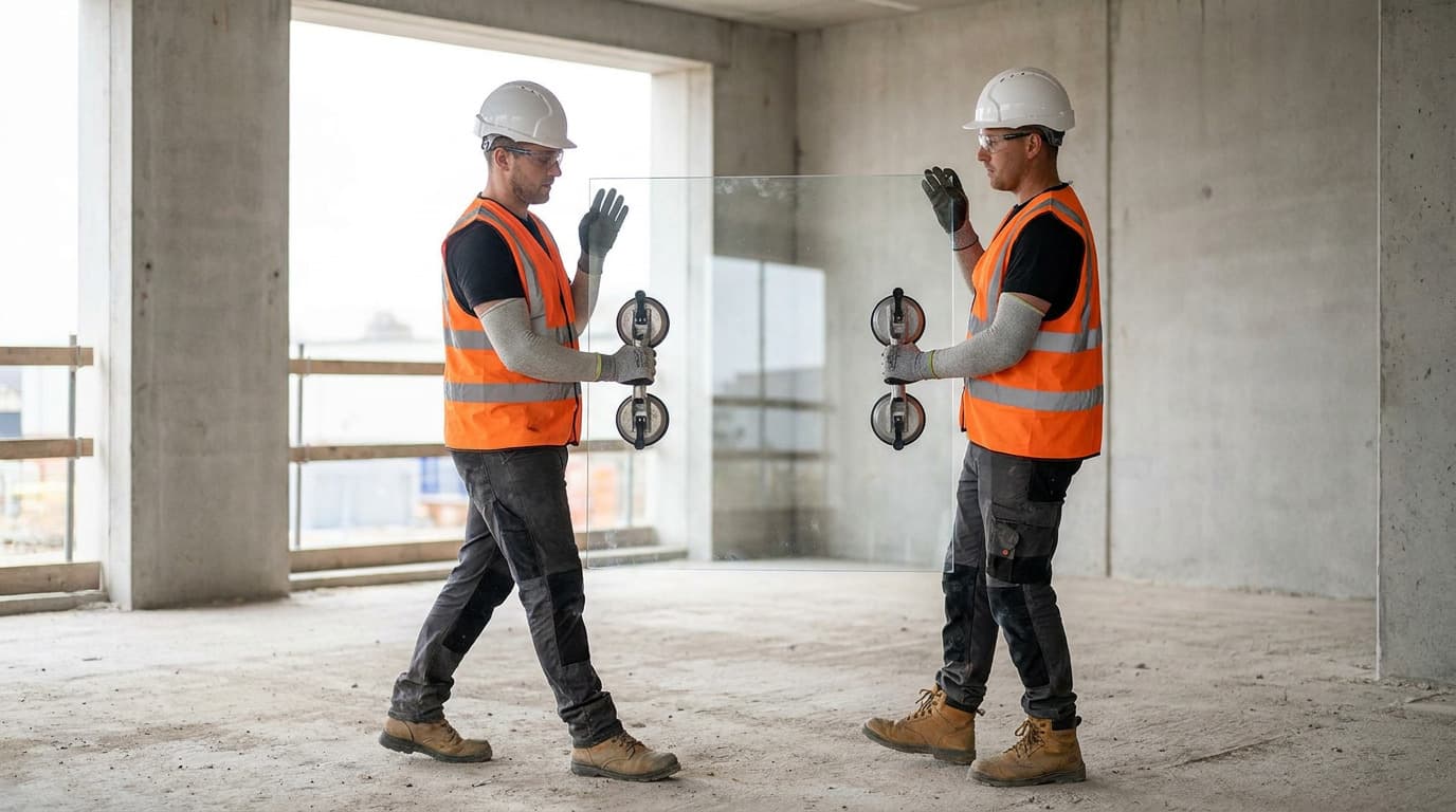Two workers in helmets, safety glasses, gloves and orange vests carry a large glass pane using suction cup handles across a concrete building interior.
