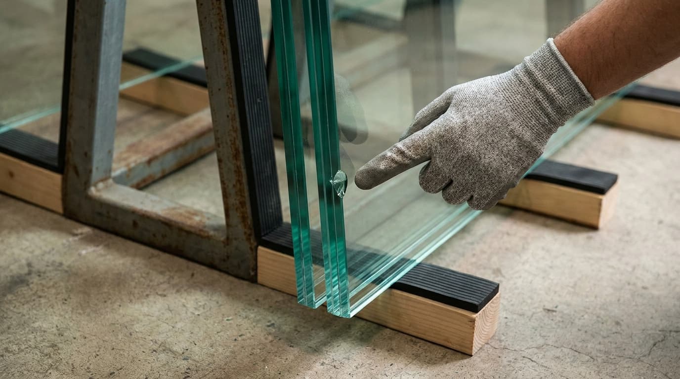 A gloved hand touches stacked glass sheets standing upright in a metal rack, resting on wooden blocks with rubber padding on a concrete floor.