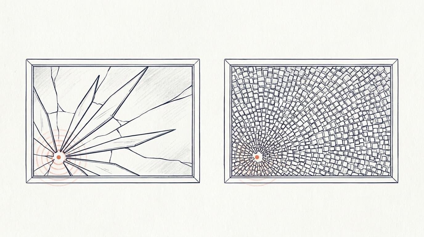 Two illustrated diagrams compare glass fracture patterns from a single impact point, one with long radiating shards, the other with small square fragments.