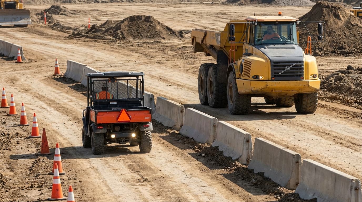 Küçük turuncu bir UTV, koniler ve beton bariyerlerle çevrili toprak bir taşıma yolunda, büyük sarı bir eklemli damperli kamyonun yanından geçiyor.