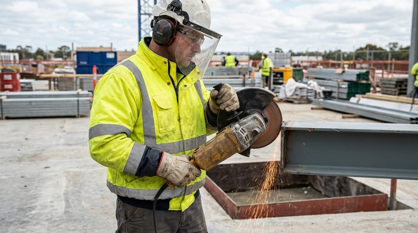 Worker in hi-vis jacket, hard hat, face shield and ear muffs uses an angle grinder on a steel beam, producing sparks near an open floor cavity.