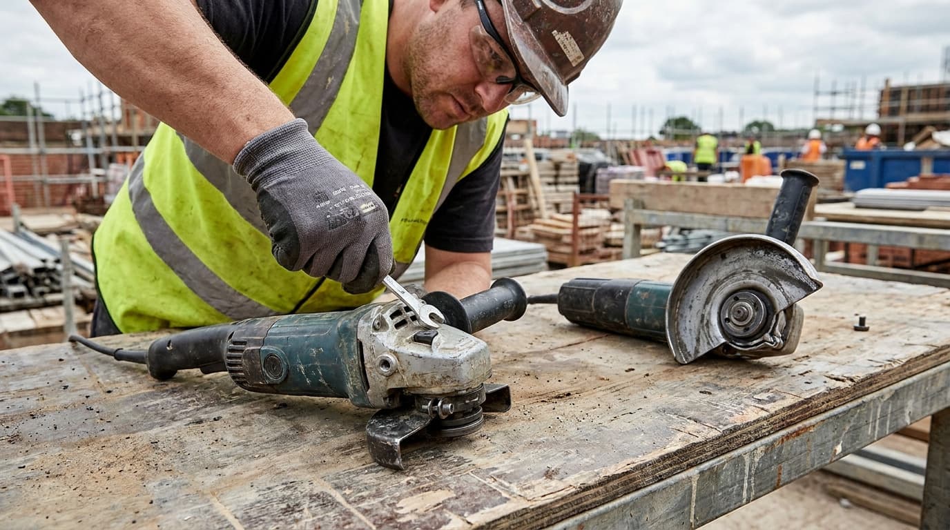 Worker in hi-vis vest and hard hat uses a wrench to change the cutting disc on an angle grinder placed on a wooden workbench outdoors.