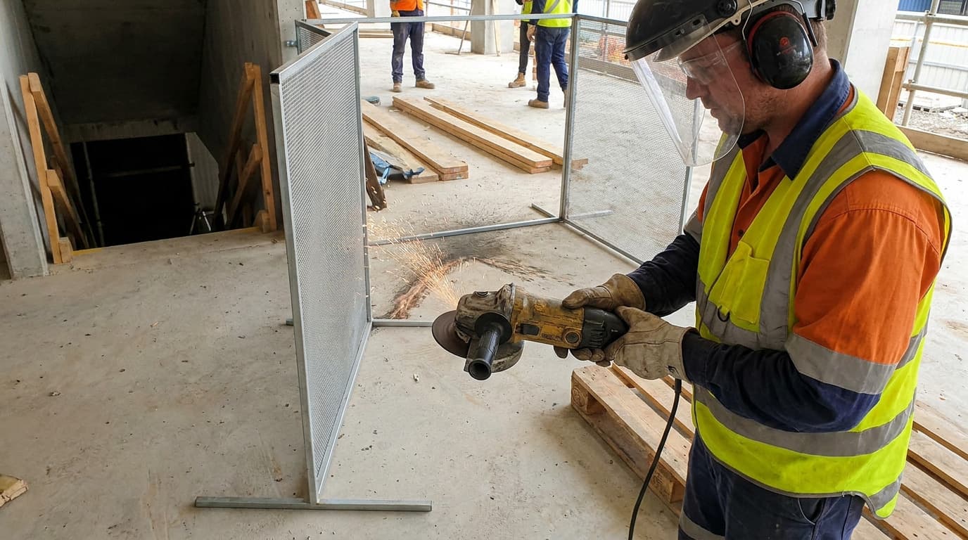 Worker in hi-vis vest, face shield and ear muffs grinds metal near a mesh screen barrier, sparks flying, with an open floor opening nearby.