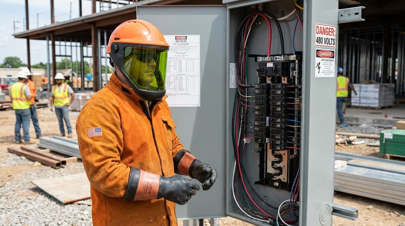 Worker in orange arc-flash suit, face shield, and rubber gloves stands before an open electrical panel labeled 480 volts danger at a construction site.
