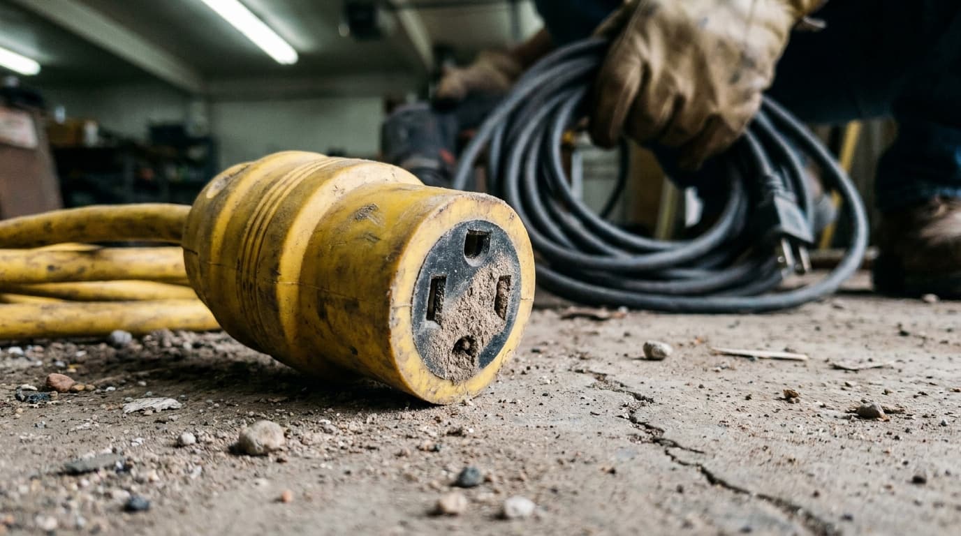 Close-up of a dirty yellow three-prong electrical plug on a concrete floor, with a gloved hand coiling a black cable behind it.
