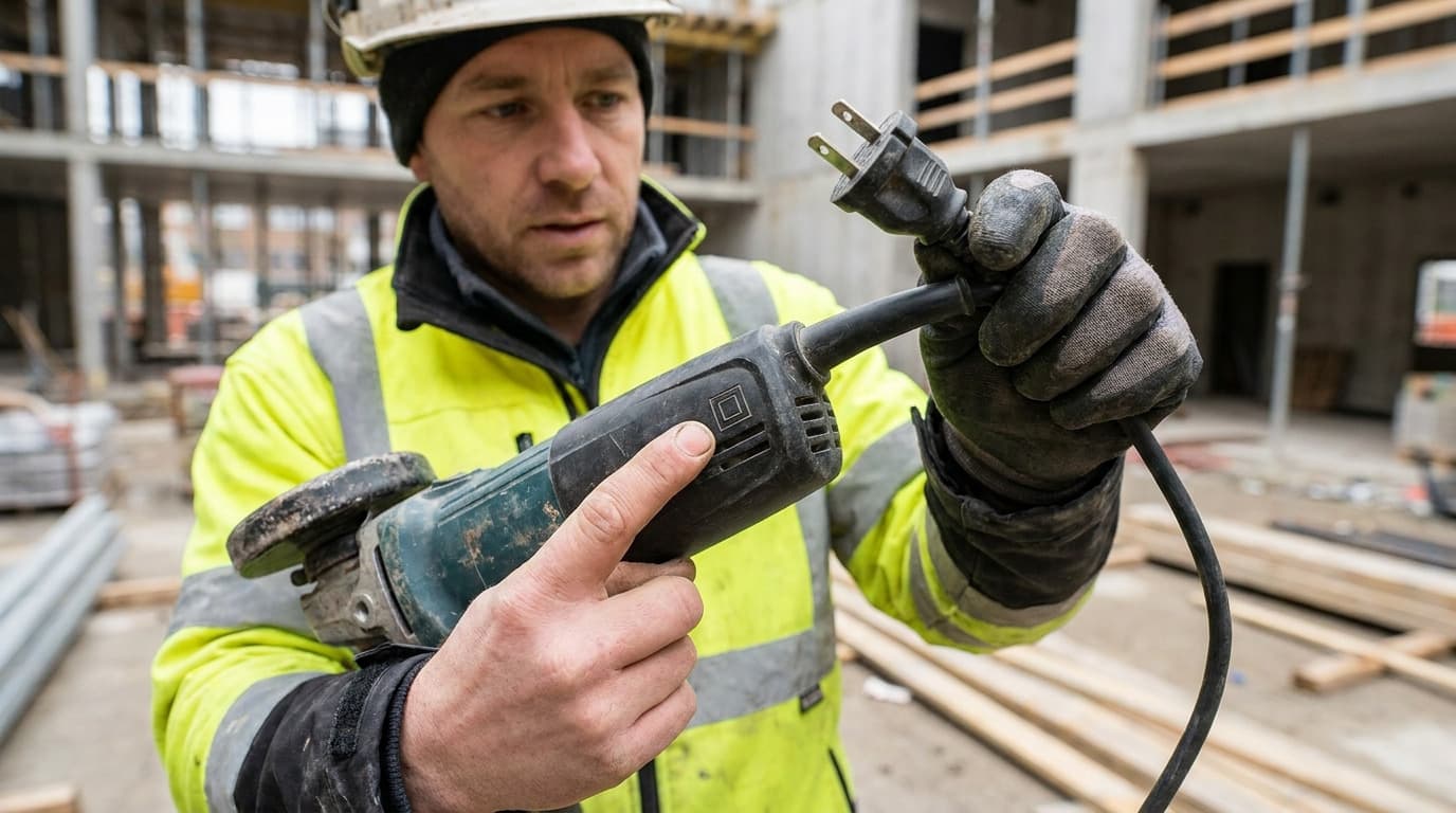 Worker in hi-vis jacket and hard hat inspects the plug and cord of a handheld angle grinder at a concrete building site.