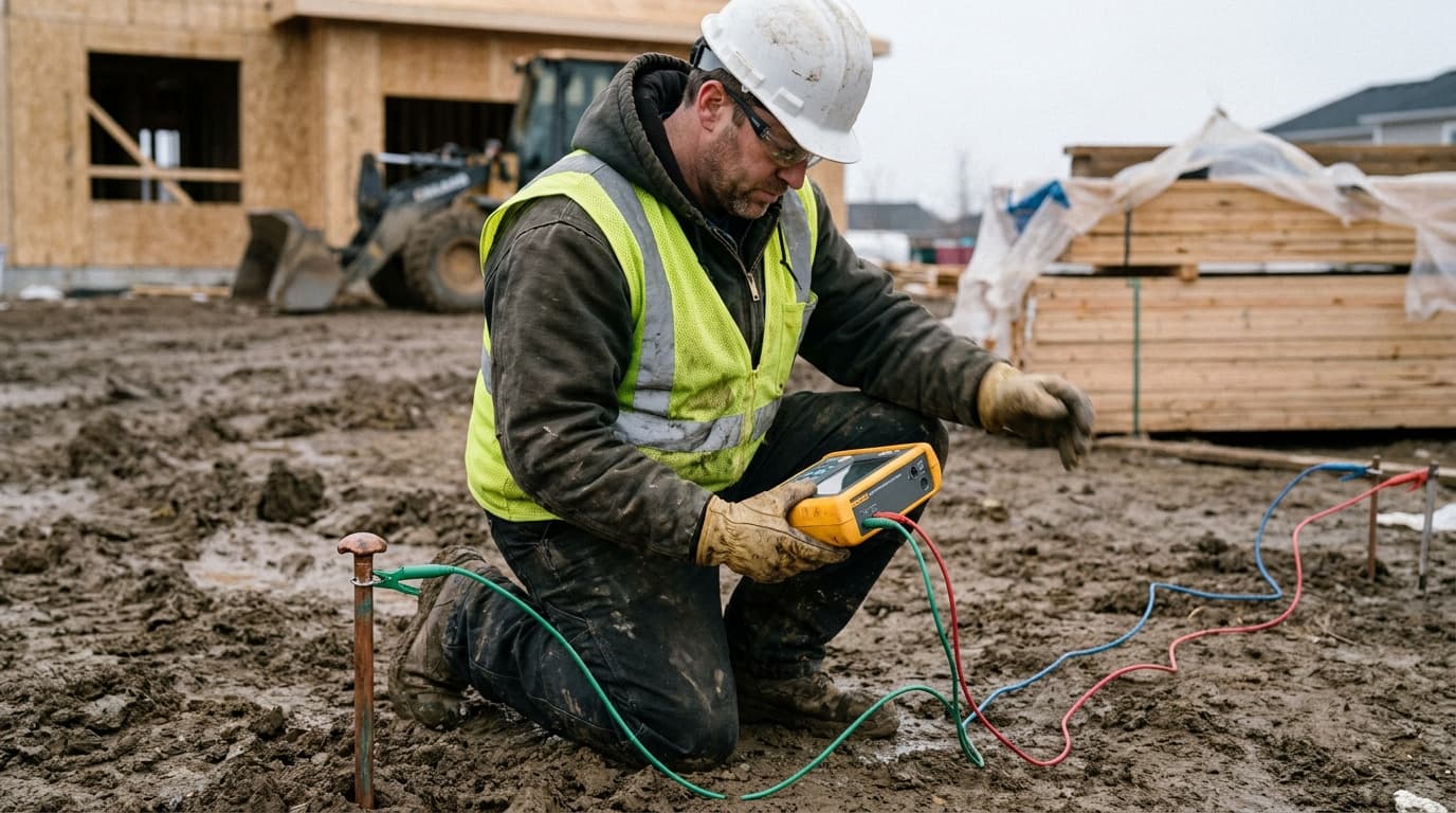 Kneeling worker in hard hat and vest tests a grounding rod with a yellow meter connected to red, blue, and green wires on muddy site.